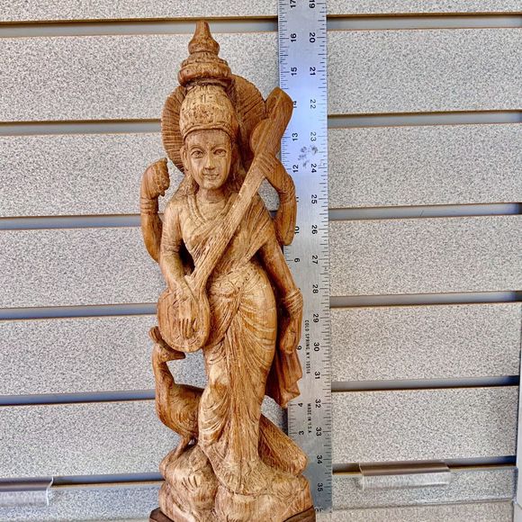 💥 Vtg Goddess Saraswati Sarasvati 💥Carved Wood Mid 20th C. ~ 16.5" Statue 💥 - Picture 11 of 13